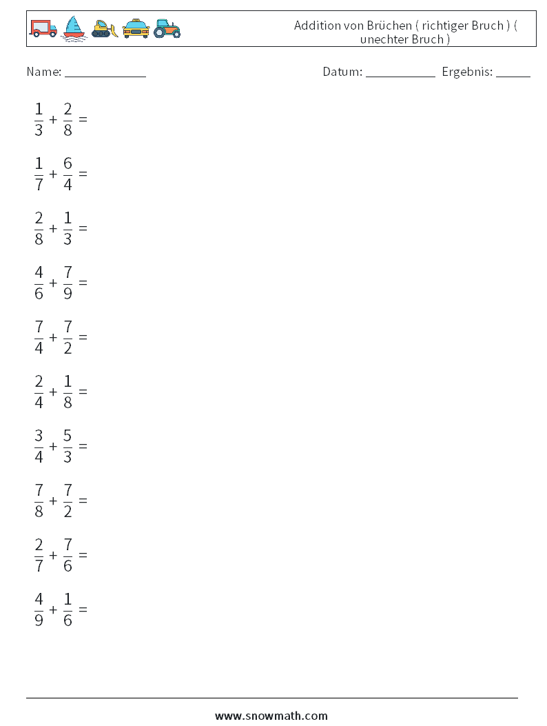 (10) Addition von Brüchen ( richtiger Bruch ) ( unechter Bruch ) Mathe-Arbeitsblätter 2