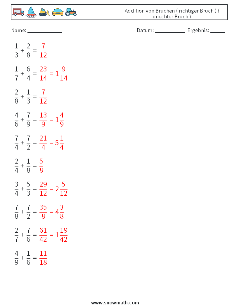 (10) Addition von Brüchen ( richtiger Bruch ) ( unechter Bruch ) Mathe-Arbeitsblätter 2 Frage, Antwort