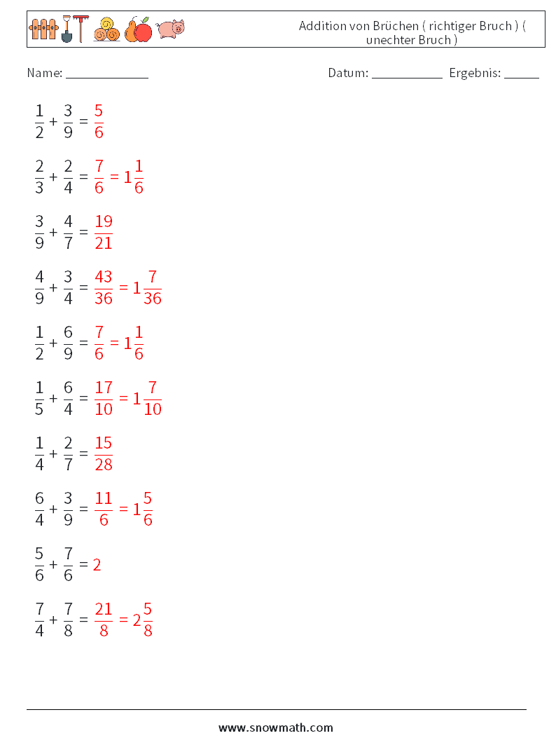 (10) Addition von Brüchen ( richtiger Bruch ) ( unechter Bruch ) Mathe-Arbeitsblätter 3 Frage, Antwort