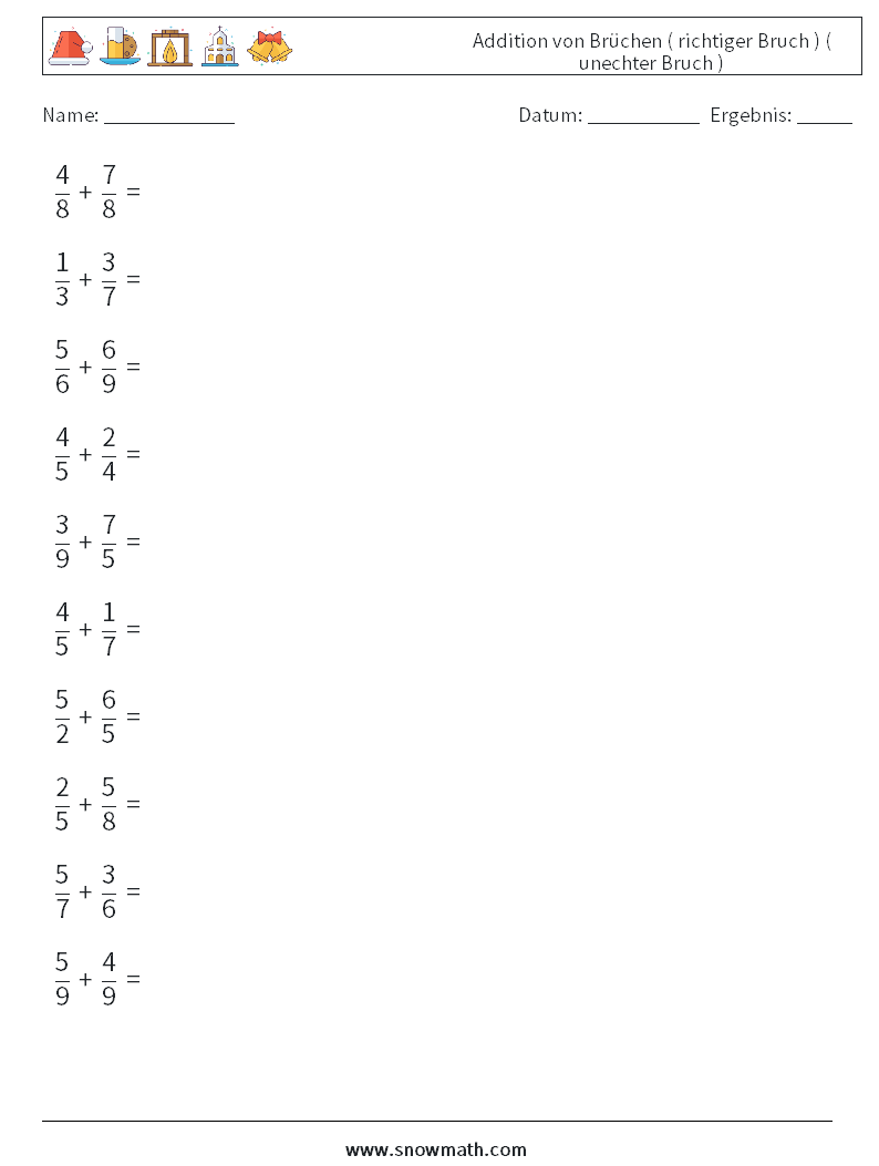 (10) Addition von Brüchen ( richtiger Bruch ) ( unechter Bruch ) Mathe-Arbeitsblätter 4