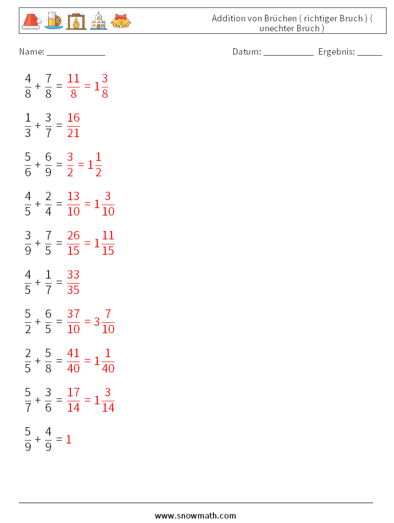 (10) Addition von Brüchen ( richtiger Bruch ) ( unechter Bruch ) Mathe-Arbeitsblätter 4 Frage, Antwort