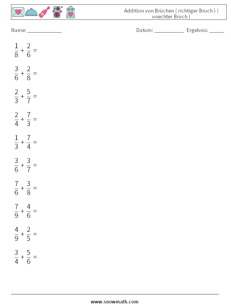 (10) Addition von Brüchen ( richtiger Bruch ) ( unechter Bruch ) Mathe-Arbeitsblätter 5