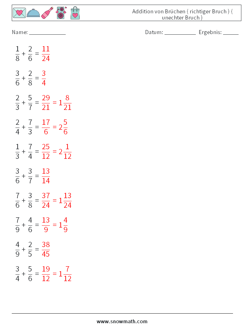 (10) Addition von Brüchen ( richtiger Bruch ) ( unechter Bruch ) Mathe-Arbeitsblätter 5 Frage, Antwort