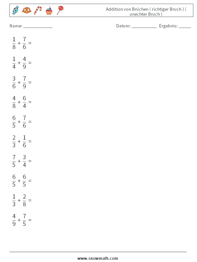 (10) Addition von Brüchen ( richtiger Bruch ) ( unechter Bruch ) Mathe-Arbeitsblätter 6