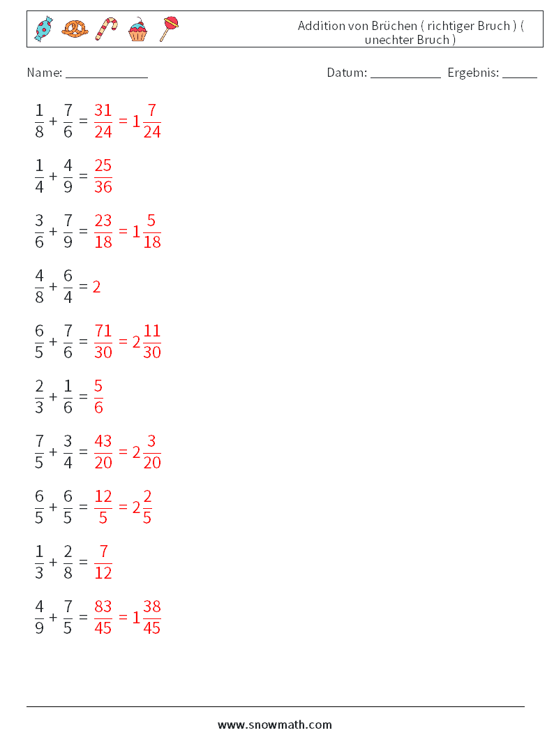 (10) Addition von Brüchen ( richtiger Bruch ) ( unechter Bruch ) Mathe-Arbeitsblätter 6 Frage, Antwort