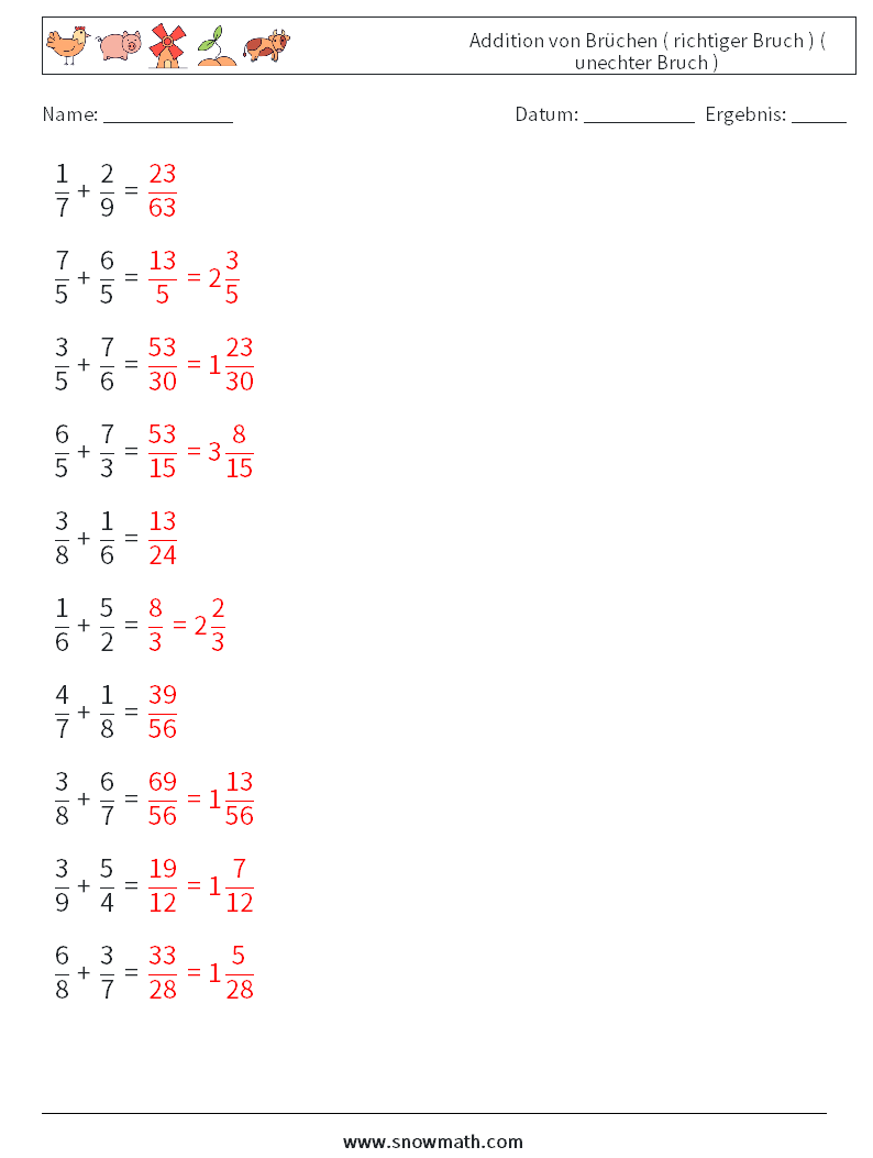 (10) Addition von Brüchen ( richtiger Bruch ) ( unechter Bruch ) Mathe-Arbeitsblätter 7 Frage, Antwort