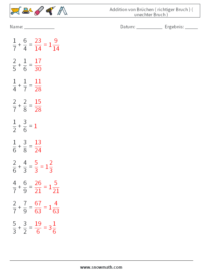 (10) Addition von Brüchen ( richtiger Bruch ) ( unechter Bruch ) Mathe-Arbeitsblätter 8 Frage, Antwort