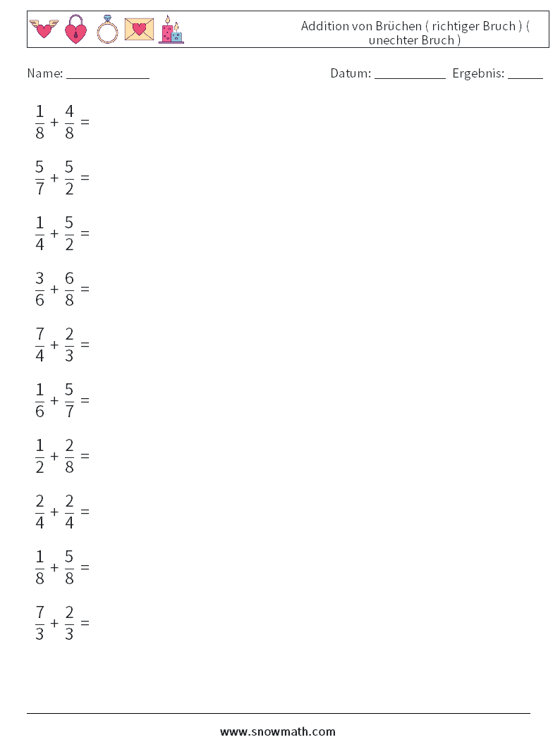 (10) Addition von Brüchen ( richtiger Bruch ) ( unechter Bruch ) Mathe-Arbeitsblätter 9