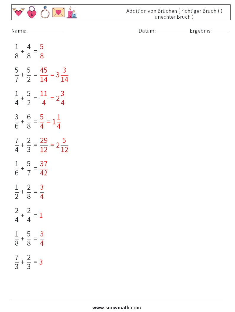 (10) Addition von Brüchen ( richtiger Bruch ) ( unechter Bruch ) Mathe-Arbeitsblätter 9 Frage, Antwort