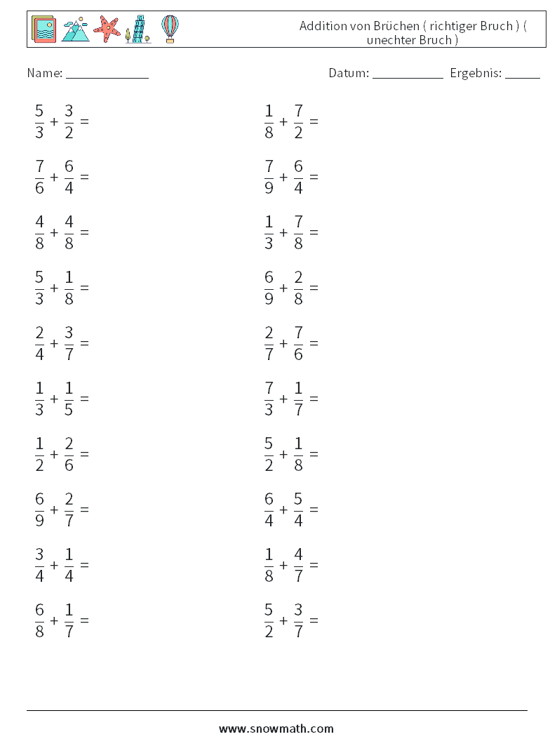 (20) Addition von Brüchen ( richtiger Bruch ) ( unechter Bruch ) Mathe-Arbeitsblätter 10