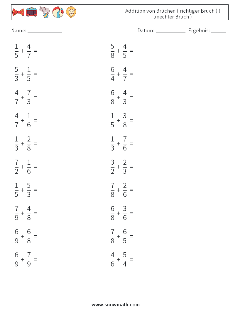 (20) Addition von Brüchen ( richtiger Bruch ) ( unechter Bruch ) Mathe-Arbeitsblätter 12
