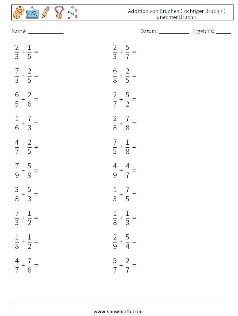 (20) Addition von Brüchen ( richtiger Bruch ) ( unechter Bruch ) Mathe-Arbeitsblätter 13