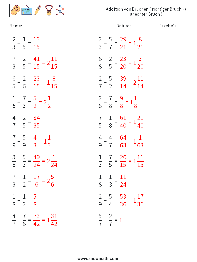 (20) Addition von Brüchen ( richtiger Bruch ) ( unechter Bruch ) Mathe-Arbeitsblätter 13 Frage, Antwort