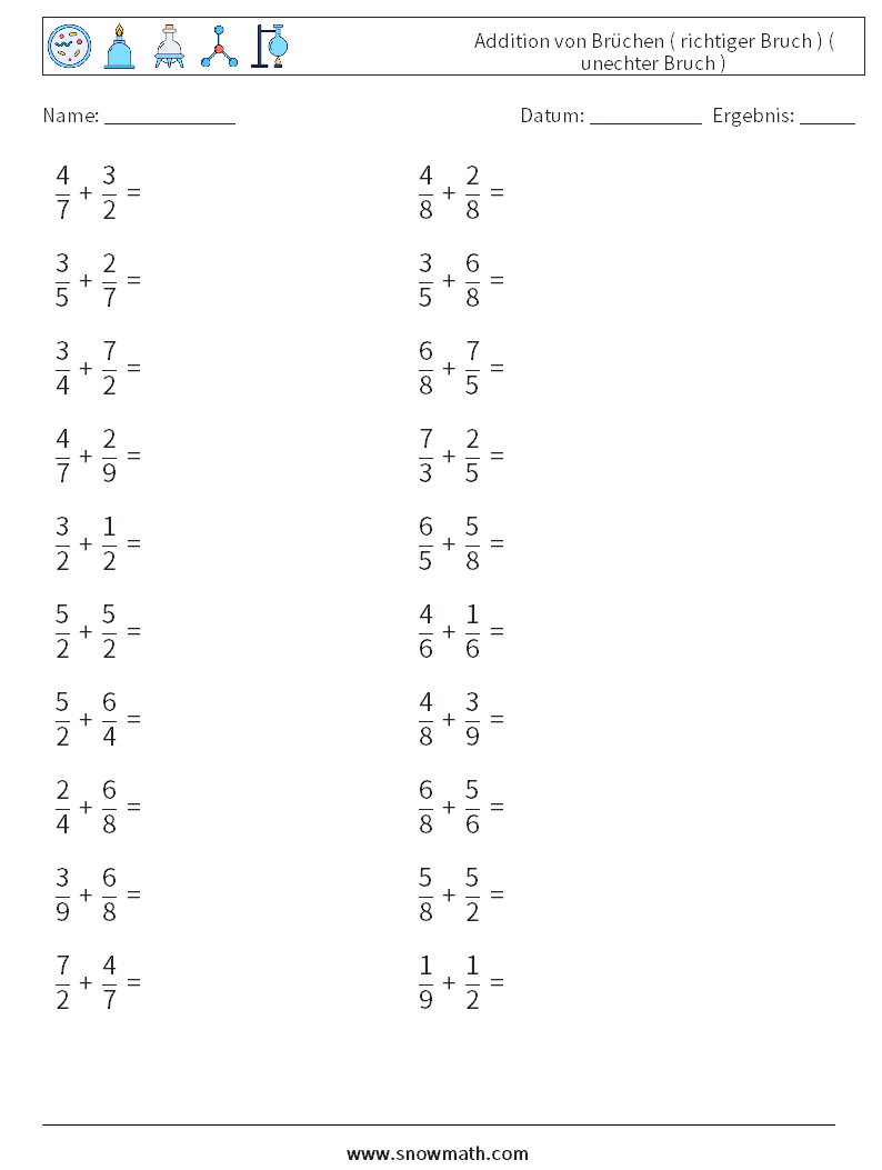 (20) Addition von Brüchen ( richtiger Bruch ) ( unechter Bruch ) Mathe-Arbeitsblätter 14