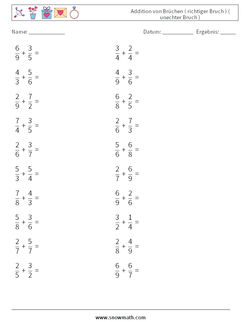 (20) Addition von Brüchen ( richtiger Bruch ) ( unechter Bruch ) Mathe-Arbeitsblätter 15