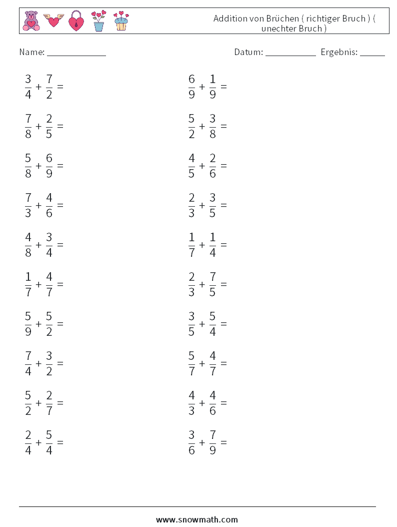 (20) Addition von Brüchen ( richtiger Bruch ) ( unechter Bruch ) Mathe-Arbeitsblätter 16