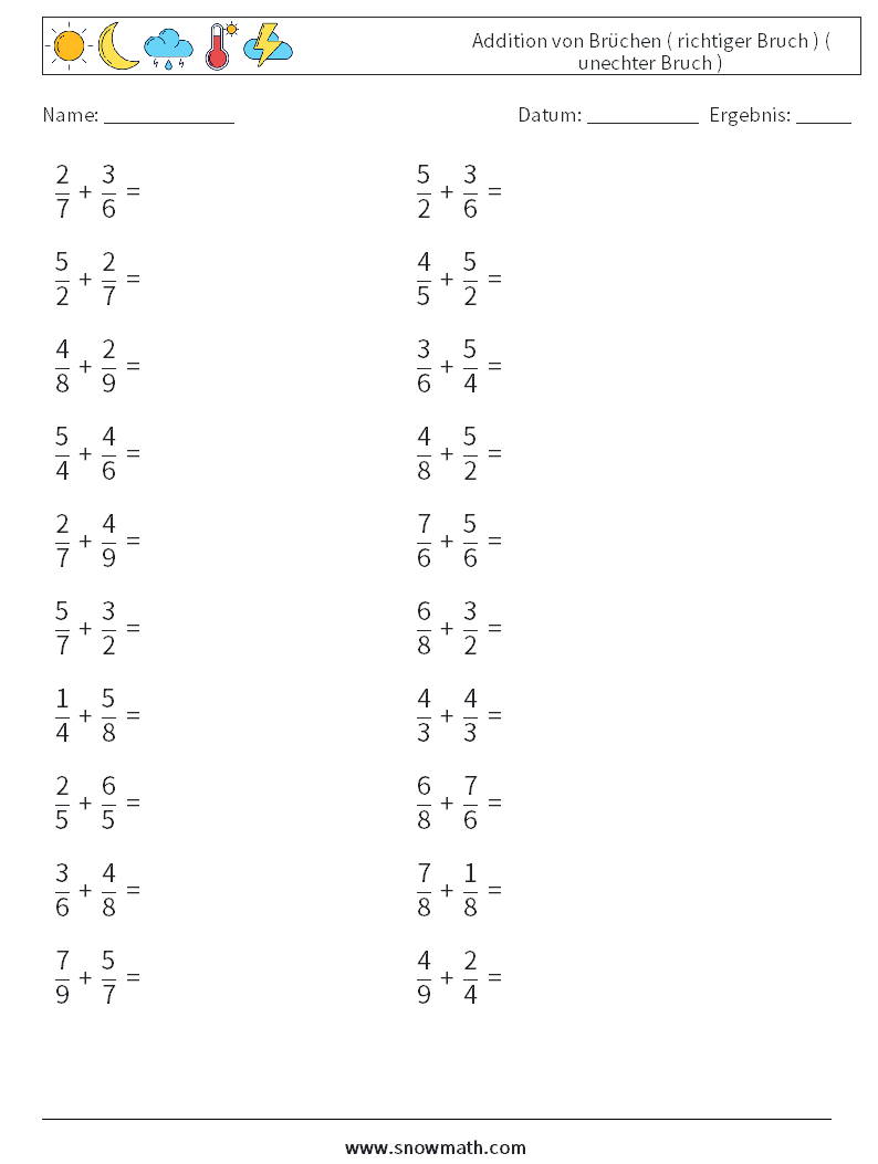 (20) Addition von Brüchen ( richtiger Bruch ) ( unechter Bruch ) Mathe-Arbeitsblätter 17