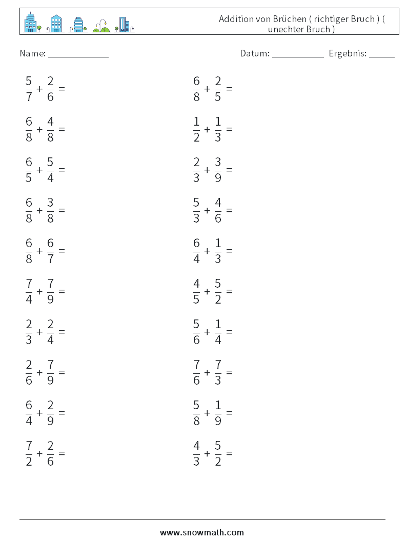 (20) Addition von Brüchen ( richtiger Bruch ) ( unechter Bruch ) Mathe-Arbeitsblätter 18