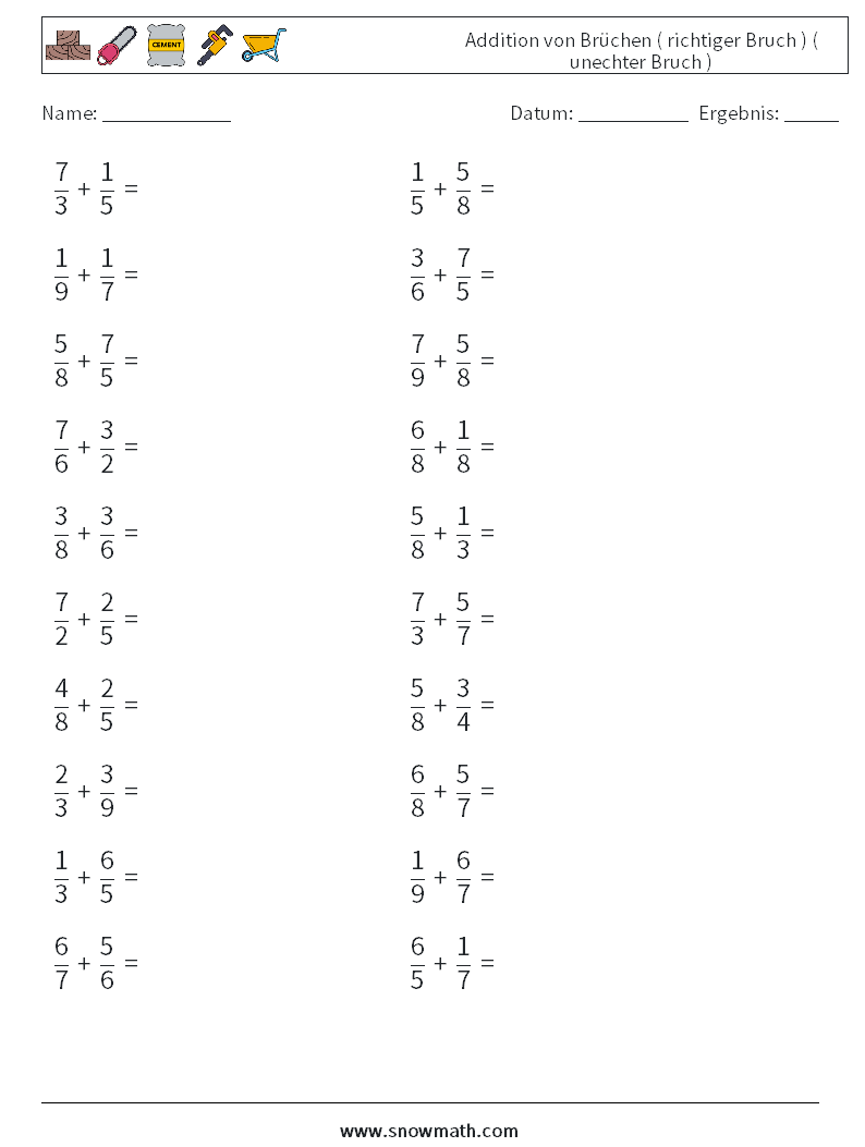 (20) Addition von Brüchen ( richtiger Bruch ) ( unechter Bruch ) Mathe-Arbeitsblätter 2