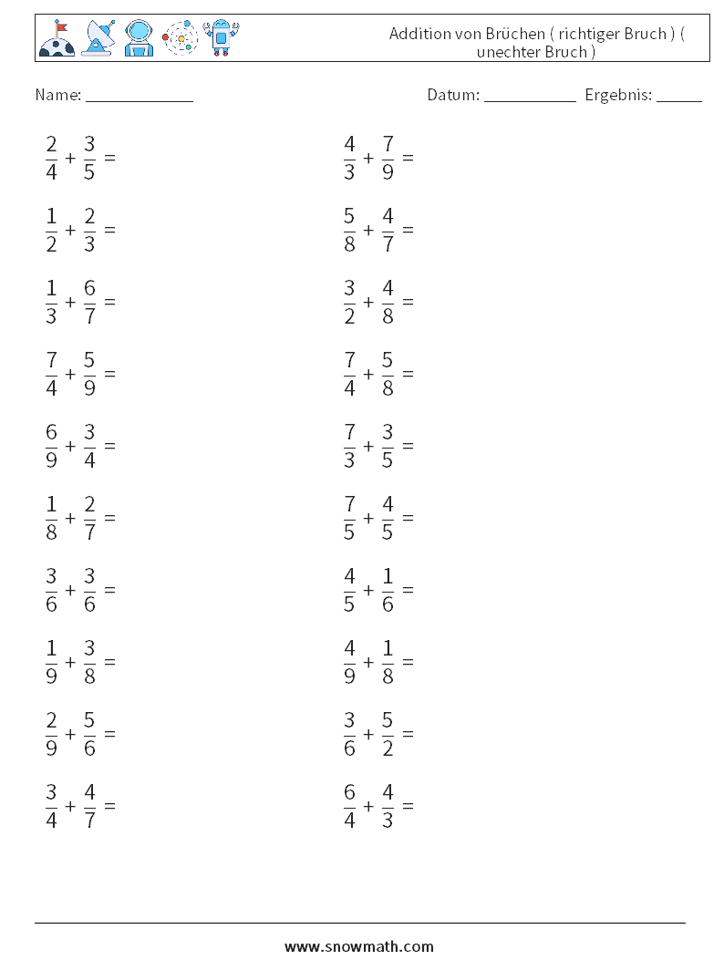 (20) Addition von Brüchen ( richtiger Bruch ) ( unechter Bruch ) Mathe-Arbeitsblätter 3