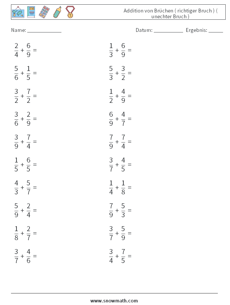 (20) Addition von Brüchen ( richtiger Bruch ) ( unechter Bruch ) Mathe-Arbeitsblätter 4