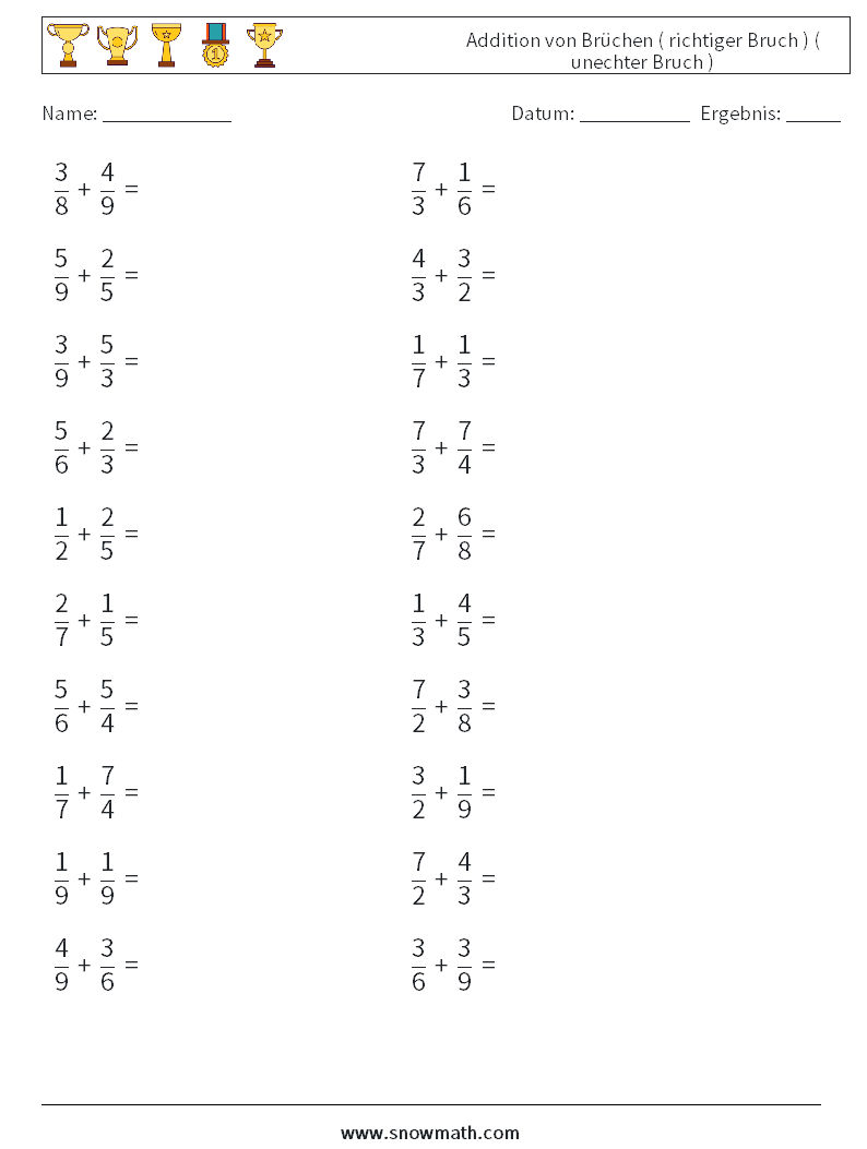 (20) Addition von Brüchen ( richtiger Bruch ) ( unechter Bruch ) Mathe-Arbeitsblätter 5