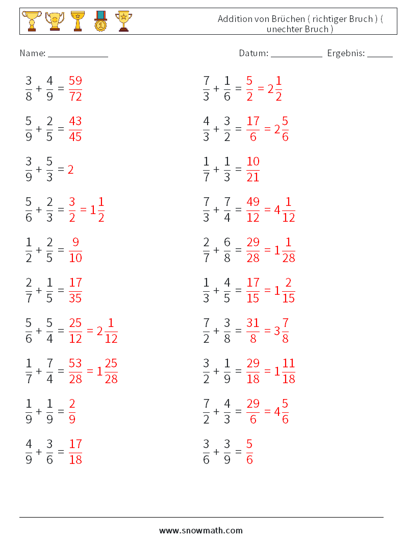 (20) Addition von Brüchen ( richtiger Bruch ) ( unechter Bruch ) Mathe-Arbeitsblätter 5 Frage, Antwort