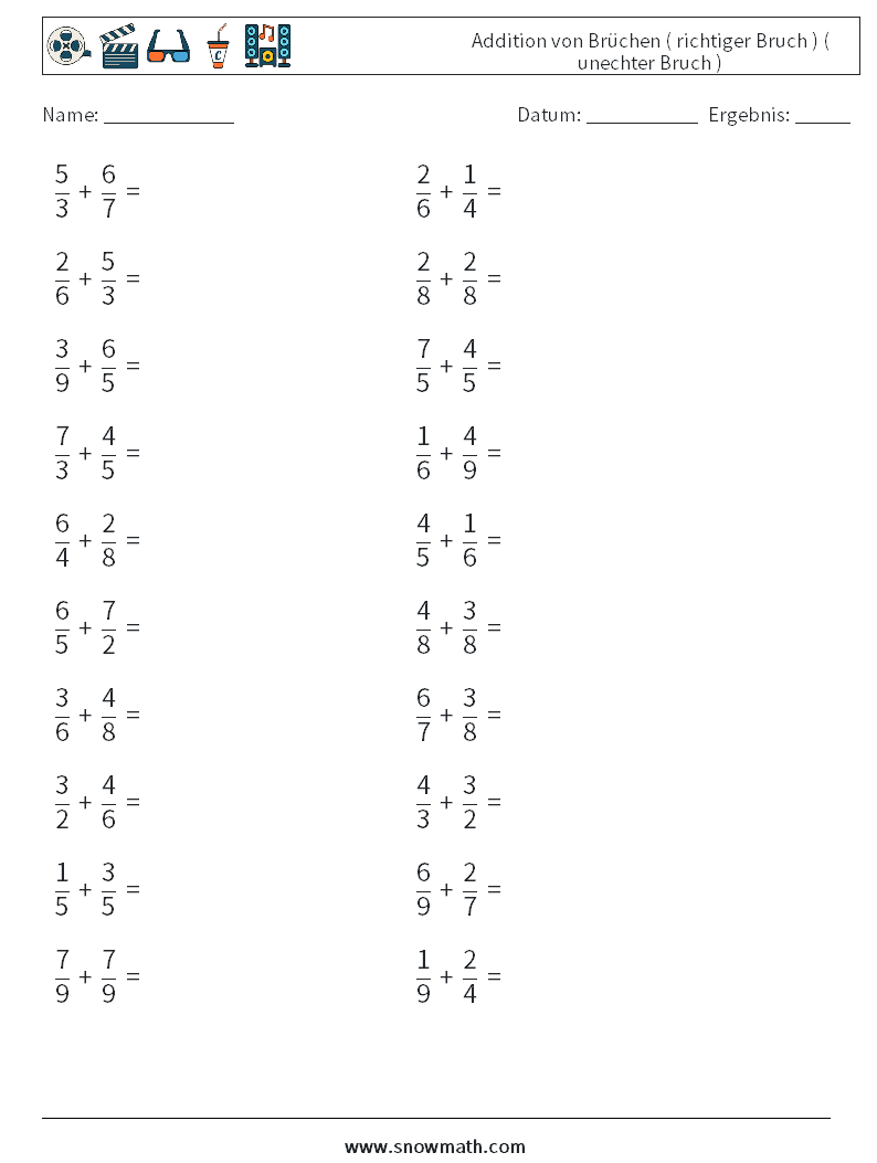 (20) Addition von Brüchen ( richtiger Bruch ) ( unechter Bruch ) Mathe-Arbeitsblätter 6