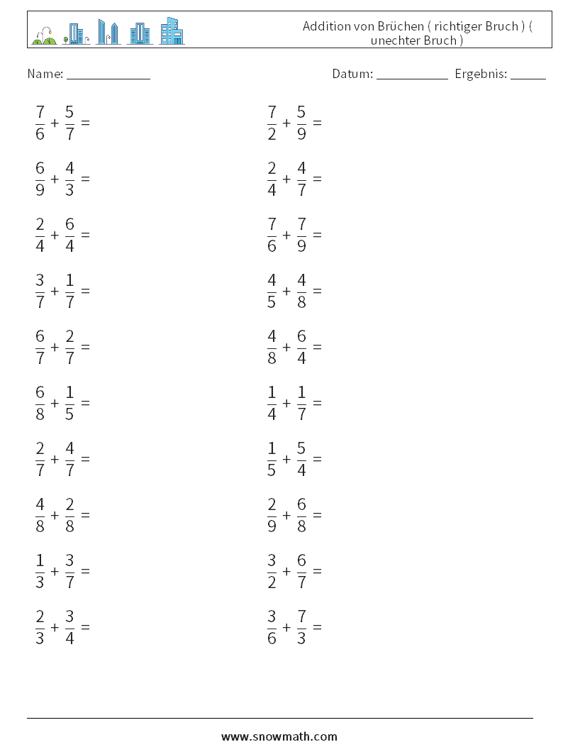 (20) Addition von Brüchen ( richtiger Bruch ) ( unechter Bruch ) Mathe-Arbeitsblätter 7