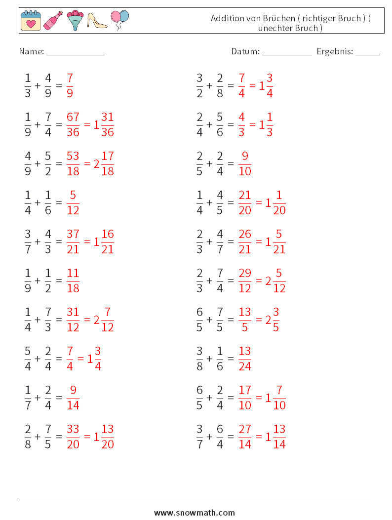 (20) Addition von Brüchen ( richtiger Bruch ) ( unechter Bruch ) Mathe-Arbeitsblätter 8 Frage, Antwort
