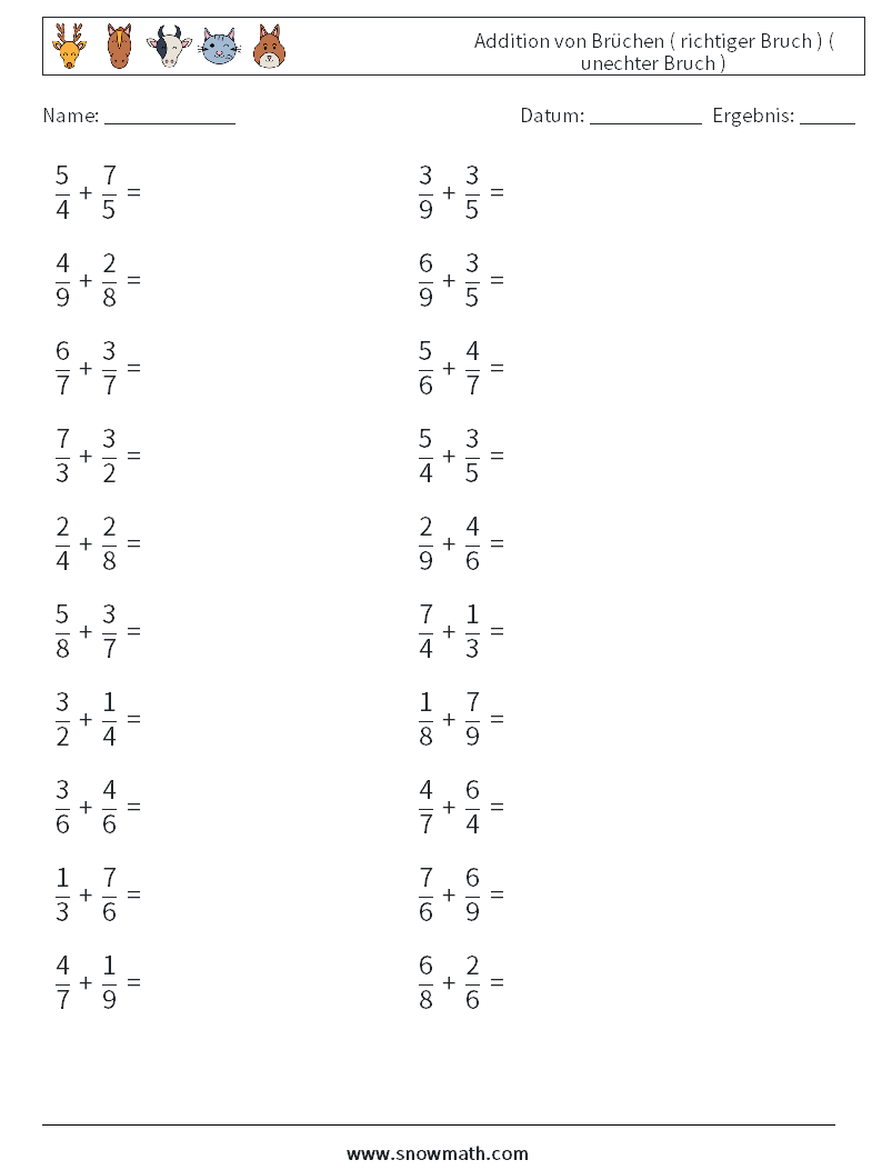 (20) Addition von Brüchen ( richtiger Bruch ) ( unechter Bruch ) Mathe-Arbeitsblätter 9