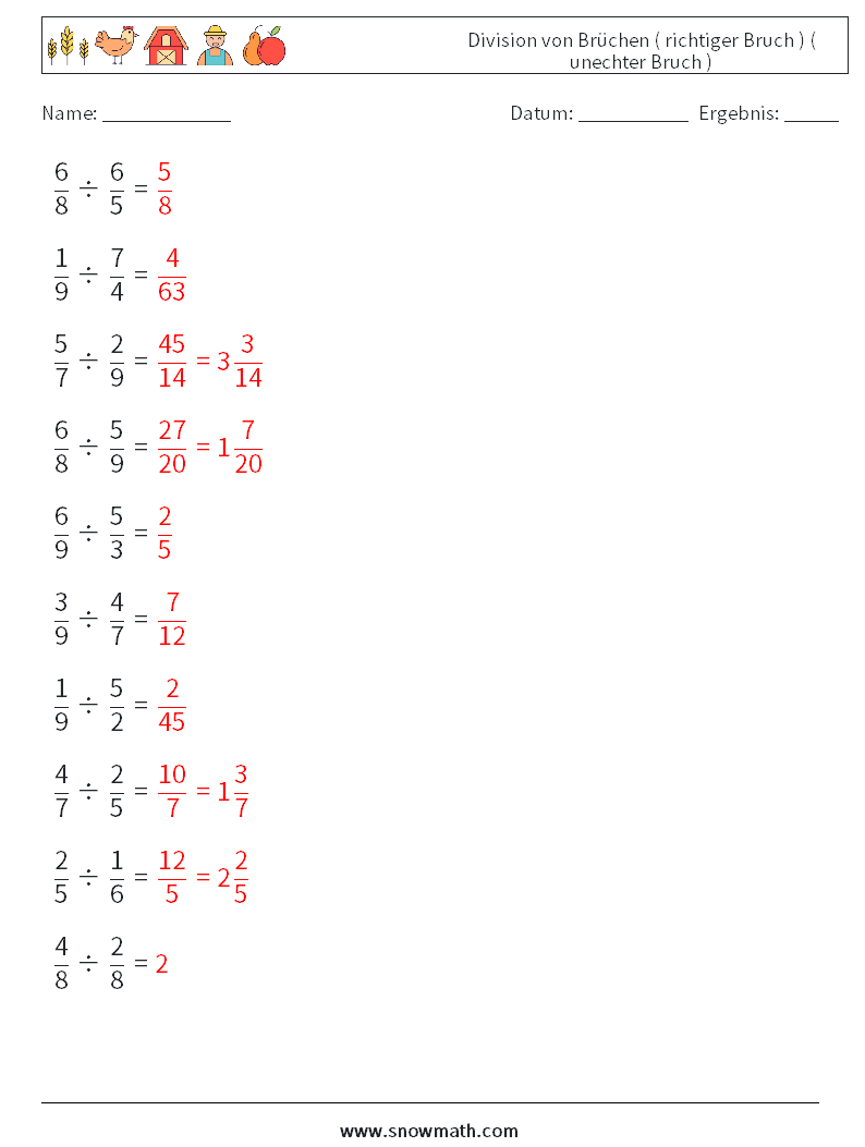 (10) Division von Brüchen ( richtiger Bruch ) ( unechter Bruch ) Mathe-Arbeitsblätter 10 Frage, Antwort