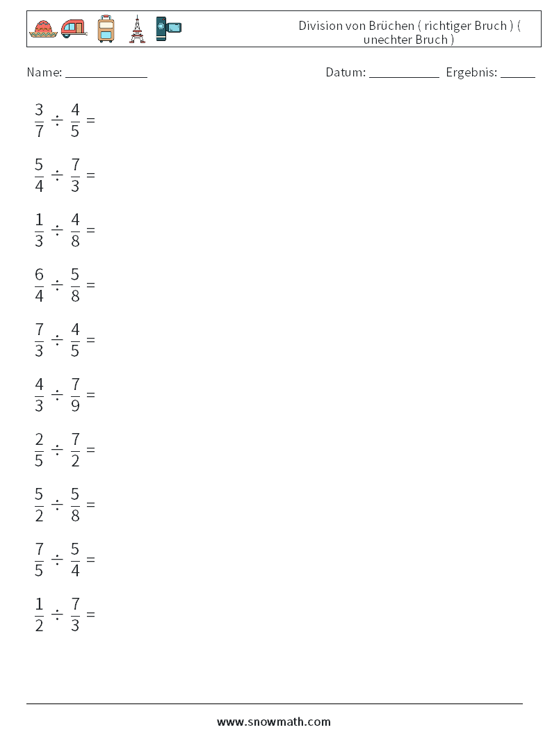 (10) Division von Brüchen ( richtiger Bruch ) ( unechter Bruch ) Mathe-Arbeitsblätter 11