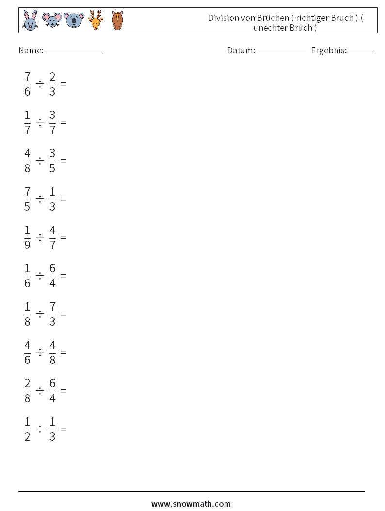 (10) Division von Brüchen ( richtiger Bruch ) ( unechter Bruch ) Mathe-Arbeitsblätter 12