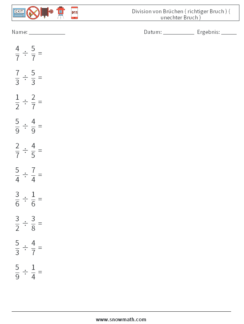 (10) Division von Brüchen ( richtiger Bruch ) ( unechter Bruch ) Mathe-Arbeitsblätter 13