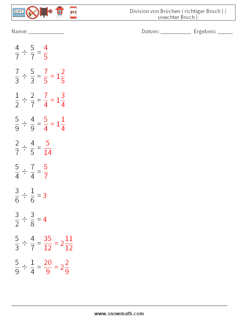 (10) Division von Brüchen ( richtiger Bruch ) ( unechter Bruch ) Mathe-Arbeitsblätter 13 Frage, Antwort