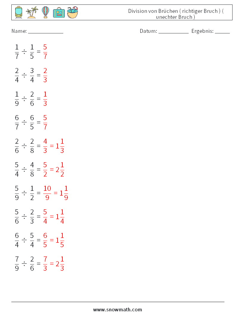 (10) Division von Brüchen ( richtiger Bruch ) ( unechter Bruch ) Mathe-Arbeitsblätter 14 Frage, Antwort