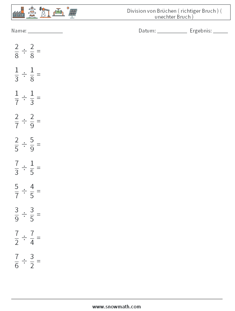 (10) Division von Brüchen ( richtiger Bruch ) ( unechter Bruch ) Mathe-Arbeitsblätter 15