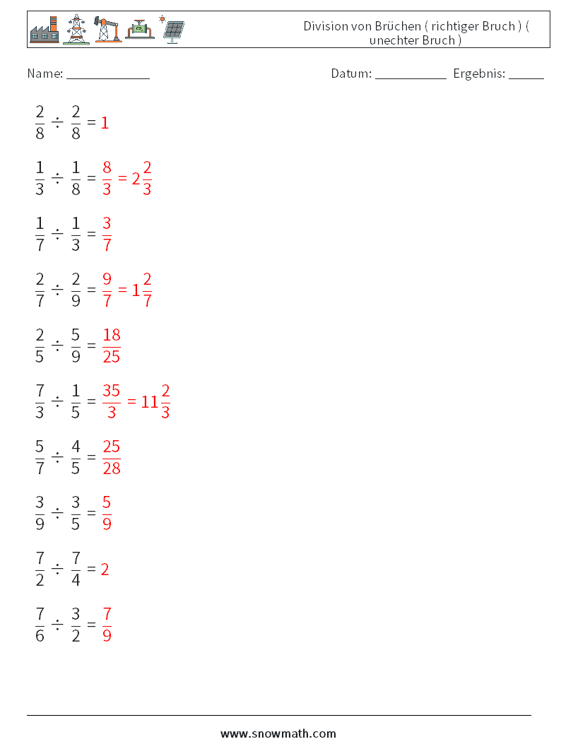 (10) Division von Brüchen ( richtiger Bruch ) ( unechter Bruch ) Mathe-Arbeitsblätter 15 Frage, Antwort