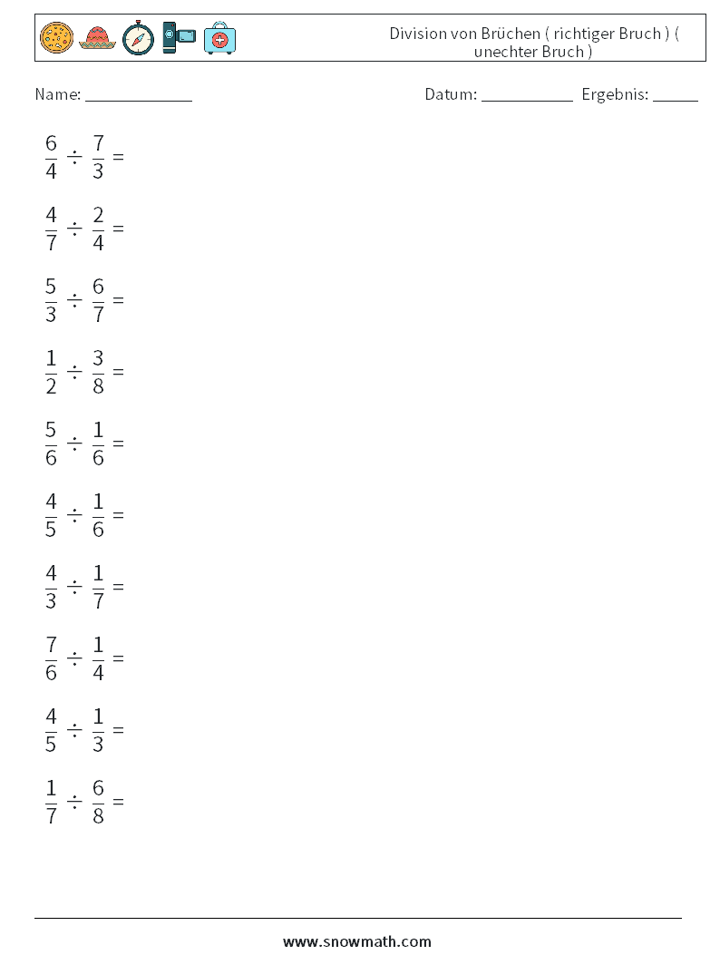 (10) Division von Brüchen ( richtiger Bruch ) ( unechter Bruch ) Mathe-Arbeitsblätter 16