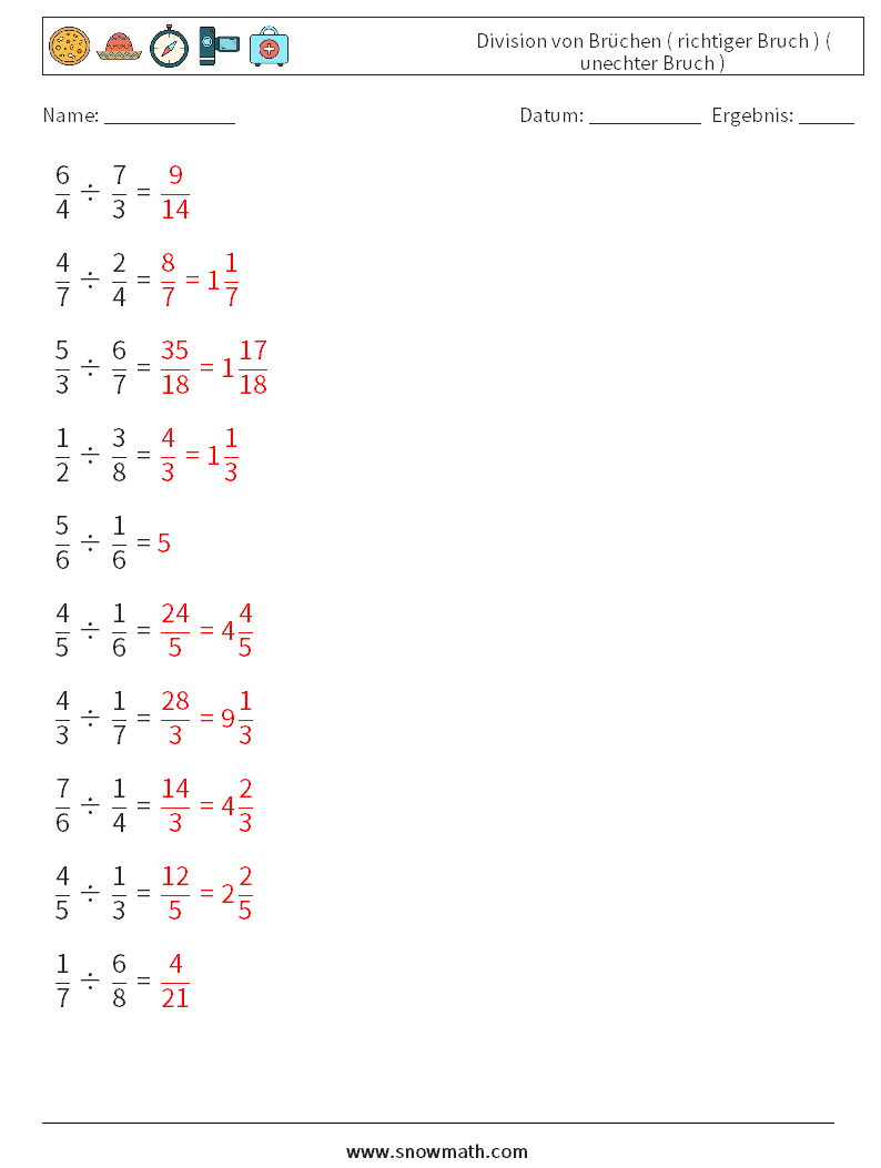 (10) Division von Brüchen ( richtiger Bruch ) ( unechter Bruch ) Mathe-Arbeitsblätter 16 Frage, Antwort