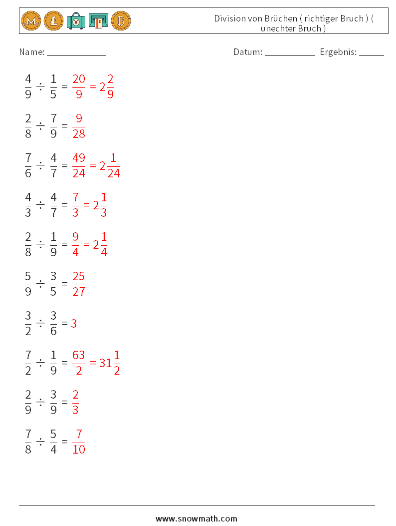 (10) Division von Brüchen ( richtiger Bruch ) ( unechter Bruch ) Mathe-Arbeitsblätter 17 Frage, Antwort