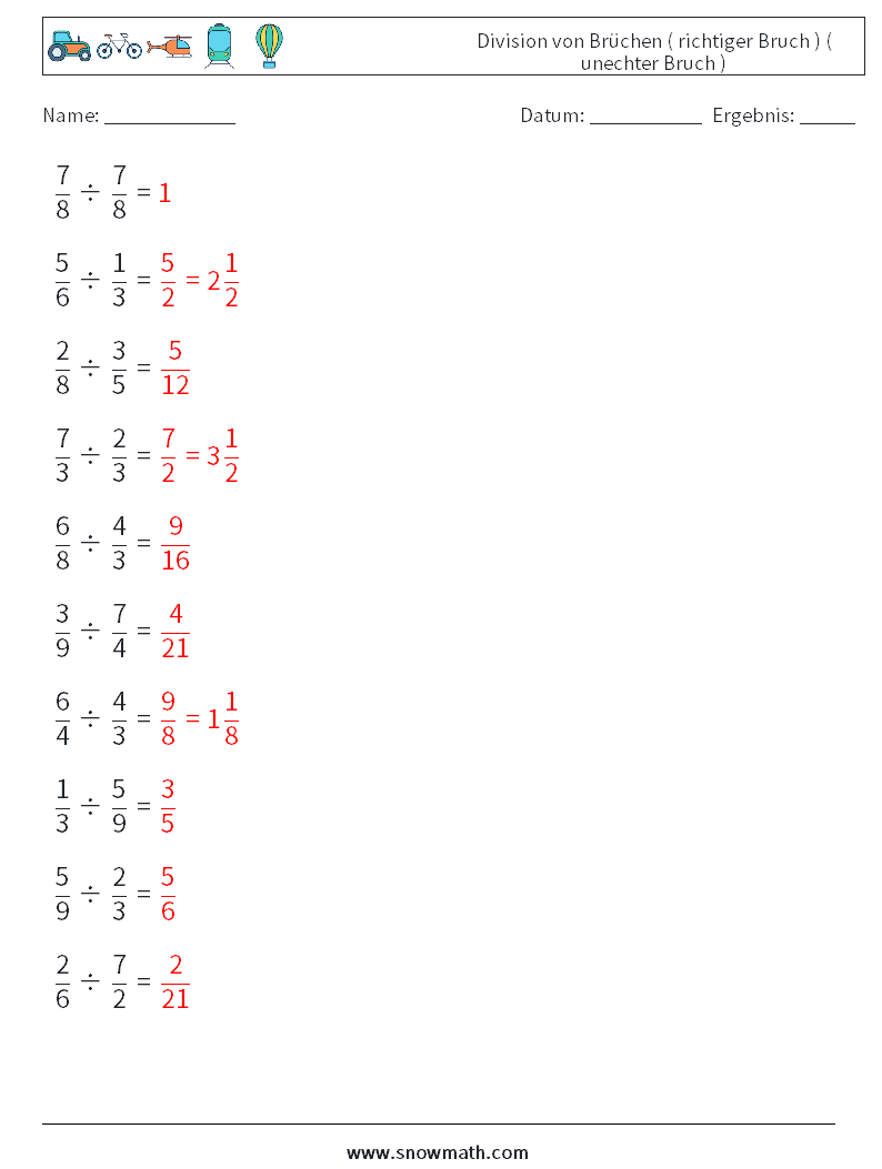 (10) Division von Brüchen ( richtiger Bruch ) ( unechter Bruch ) Mathe-Arbeitsblätter 18 Frage, Antwort