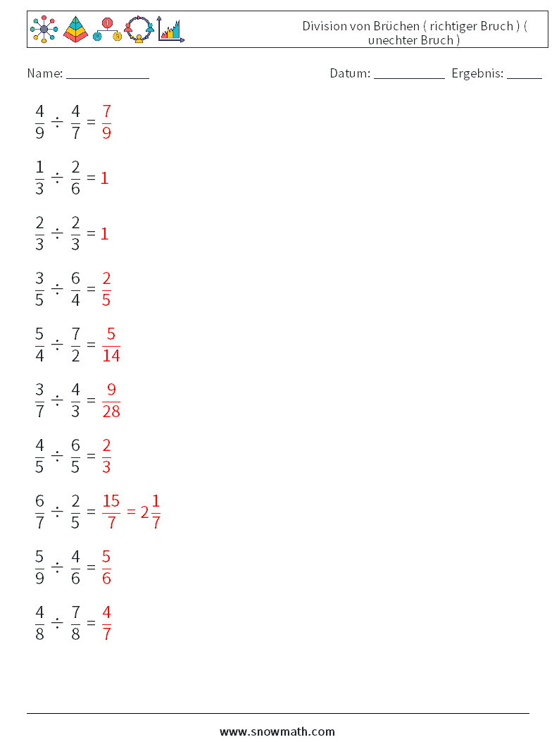 (10) Division von Brüchen ( richtiger Bruch ) ( unechter Bruch ) Mathe-Arbeitsblätter 1 Frage, Antwort