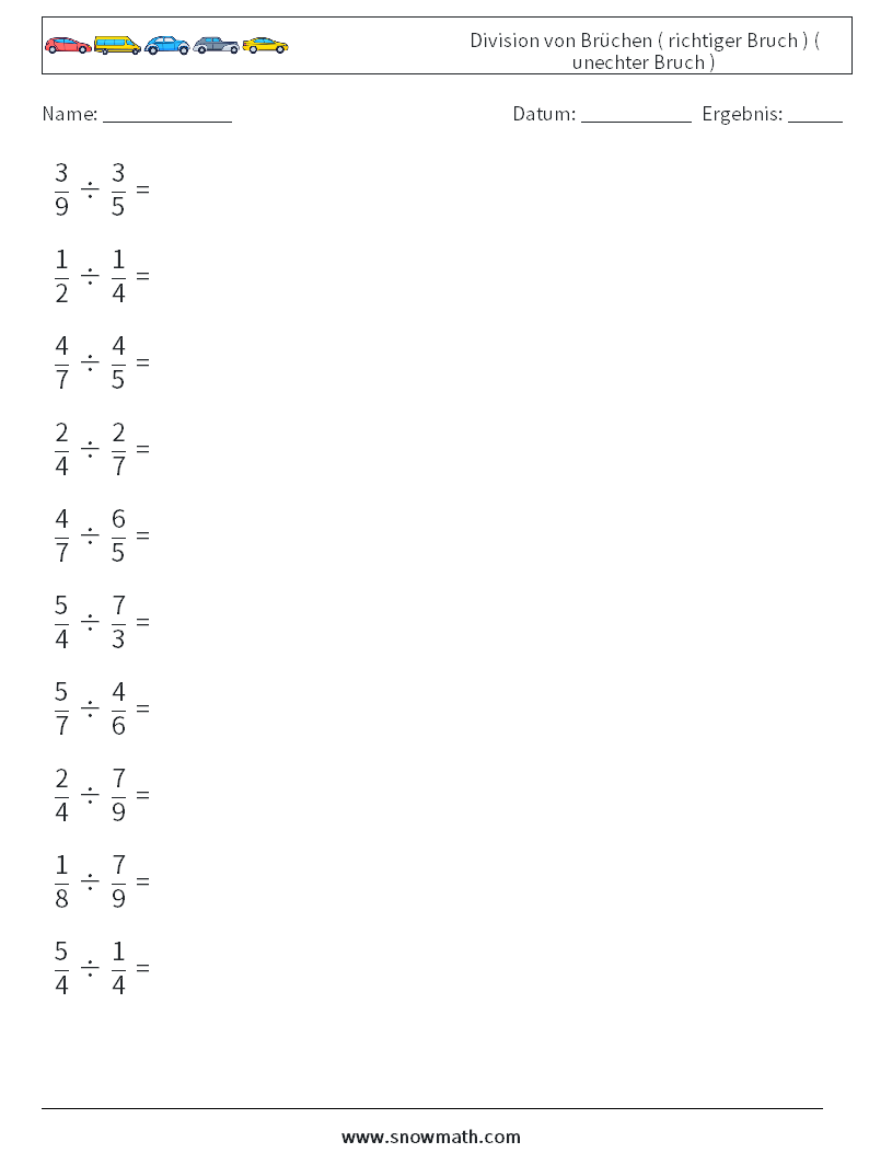 (10) Division von Brüchen ( richtiger Bruch ) ( unechter Bruch ) Mathe-Arbeitsblätter 2