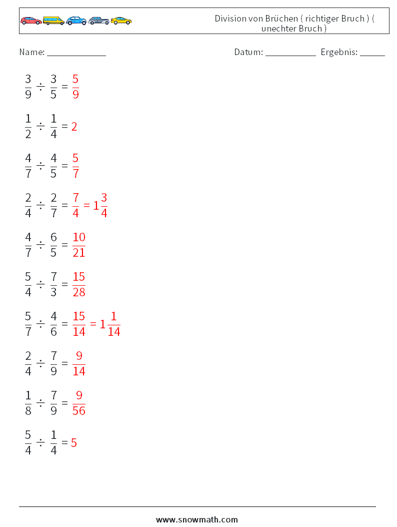 (10) Division von Brüchen ( richtiger Bruch ) ( unechter Bruch ) Mathe-Arbeitsblätter 2 Frage, Antwort