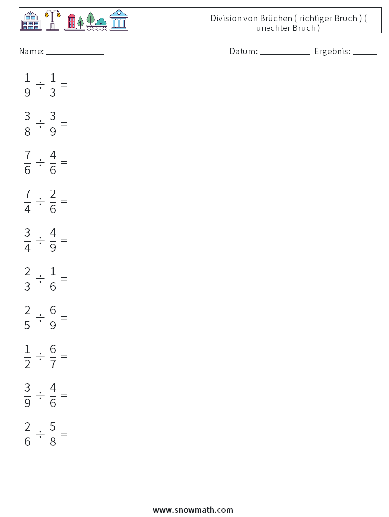 (10) Division von Brüchen ( richtiger Bruch ) ( unechter Bruch ) Mathe-Arbeitsblätter 3