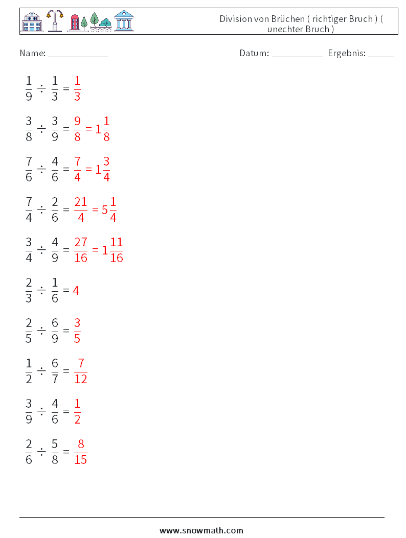 (10) Division von Brüchen ( richtiger Bruch ) ( unechter Bruch ) Mathe-Arbeitsblätter 3 Frage, Antwort