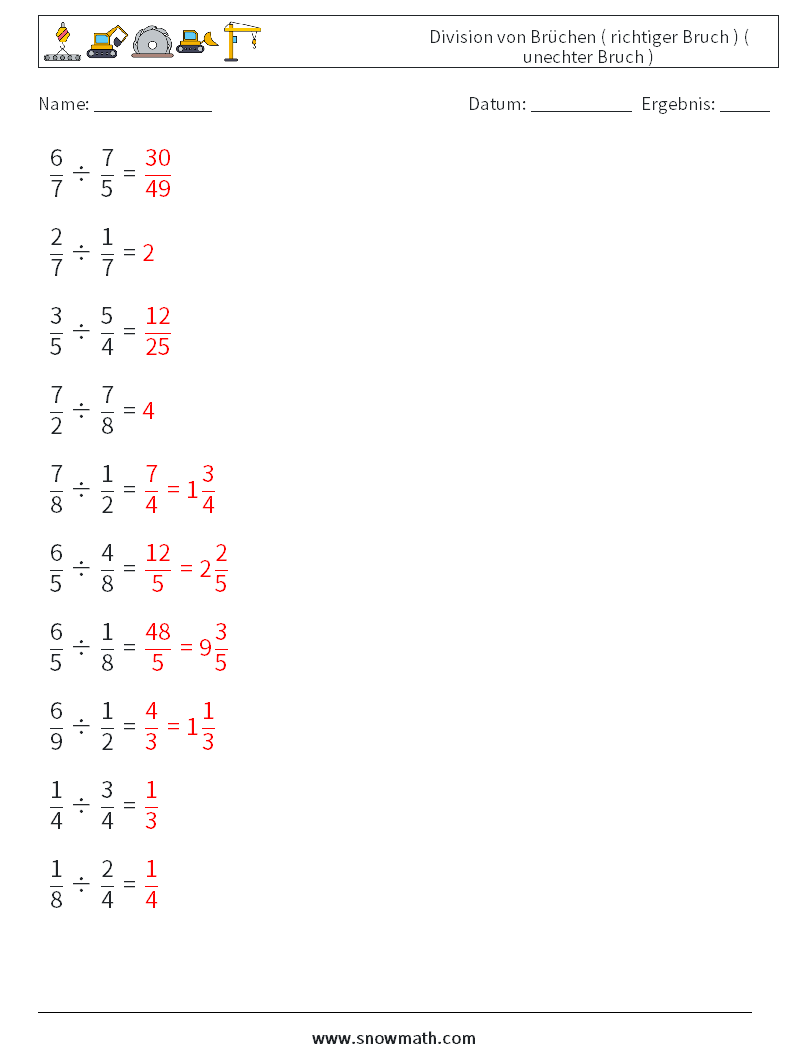 (10) Division von Brüchen ( richtiger Bruch ) ( unechter Bruch ) Mathe-Arbeitsblätter 4 Frage, Antwort