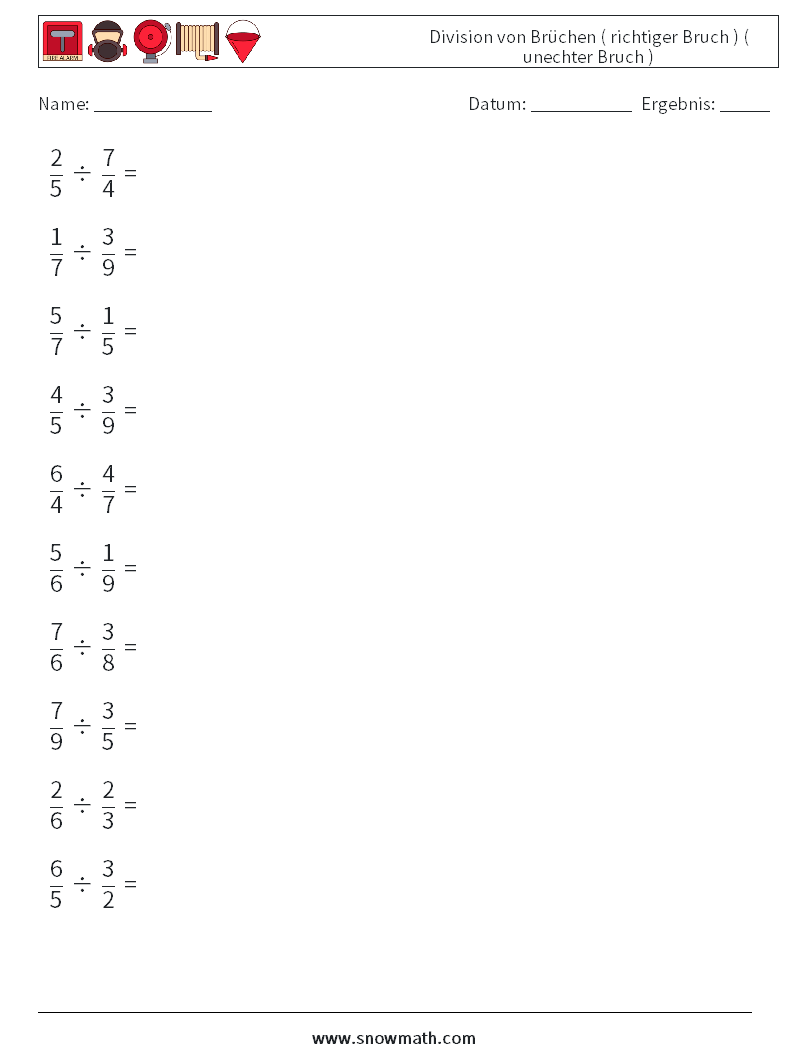 (10) Division von Brüchen ( richtiger Bruch ) ( unechter Bruch ) Mathe-Arbeitsblätter 5